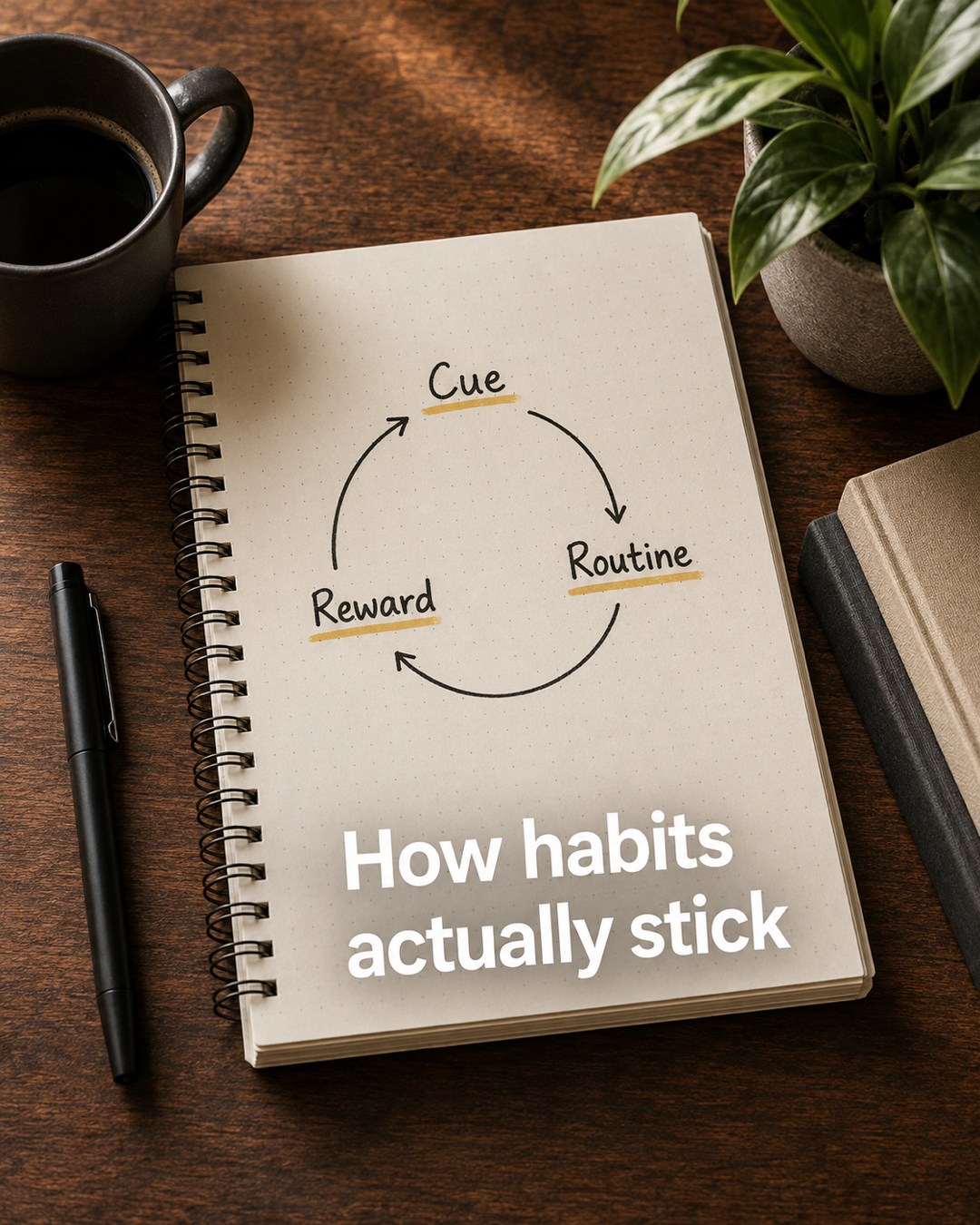 A notebook showing a hand-drawn cue, routine and reward habit loop