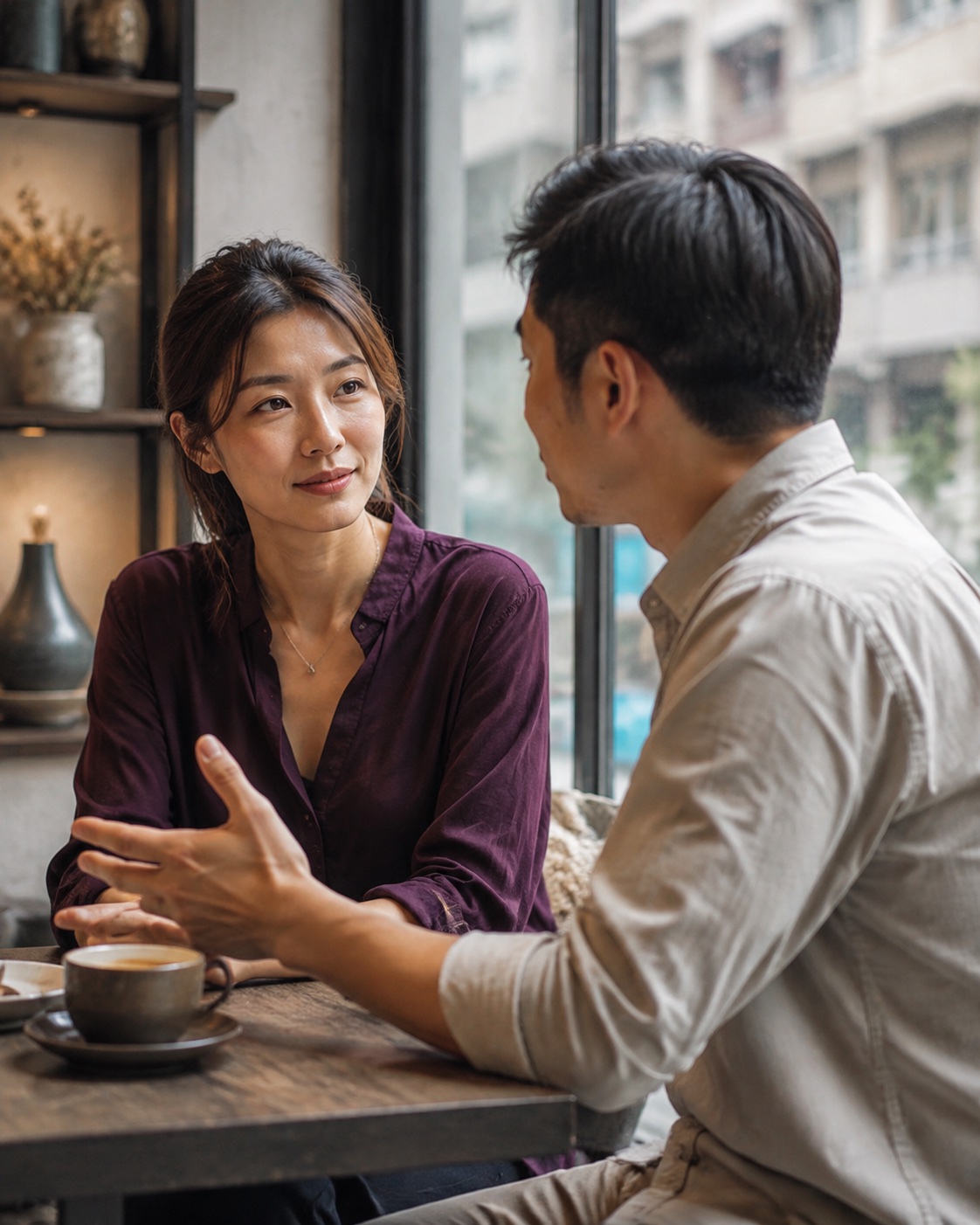 Two colleagues listening to each other in a Hong Kong cafe